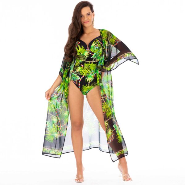 PROF LUNA S Z23 long beach dress with a pareo cover-up over a swimsuit with palm leaves, airy with boho sleeves, Polish production, transparent lavel 10