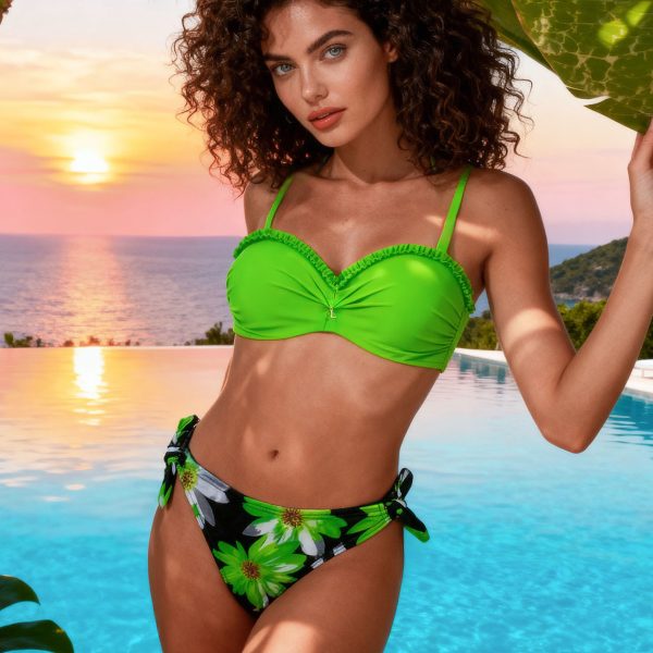 komplet bikini zielony neonowy bardotka pushup dla małego biustu z wiązanymi majtkami w kawiaty