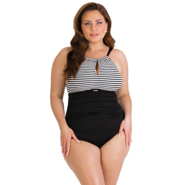 a prof LUIS n8 ONE-PIECE SLIMMING SUIT for large breasts, soft around the neck, striped, black, large sizes, plus size, Polish production, lavel 2024(15)