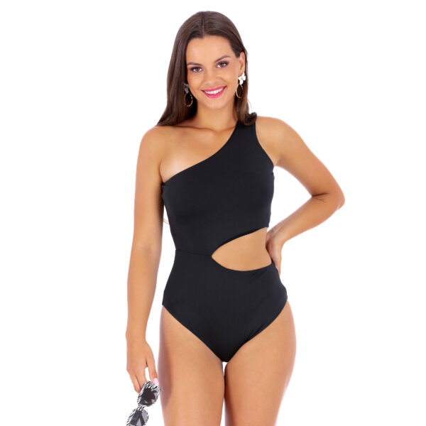 a prof elena negro black one-piece swimsuit, soft shaping, asymmetrical, one-shoulder, with a cutout at the waist, made in Poland, lavel 2024