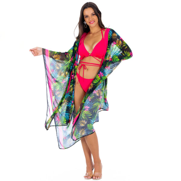 Kimono N20 Plážový přehoz Plážové kimono s páskem s tropickými rostlinami pro velké bříško pro velká prsa Transparentní přehoz na župan nadměrná velikost Polský výrobce LAVEL 2024 (1)