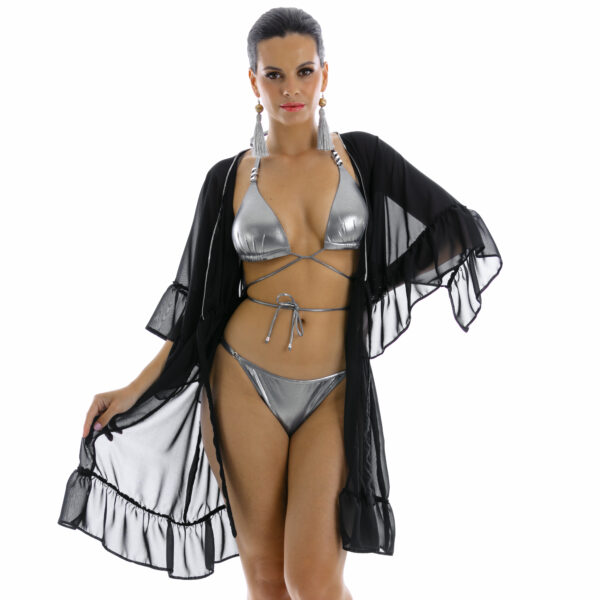 Luna 2 FB negro black Long beach cover-up with ruffles and a belt sexy black bathrobe Polish manufacturer LAVEL 2024 front