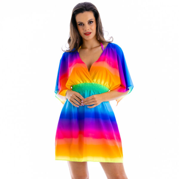 Luna C8 Colorful short beach dress for large breasts, for a large belly, slimming. Airy rainbow shaded cover-up for a swimsuit, Polish manufacturer LAVEL 2024 (1)