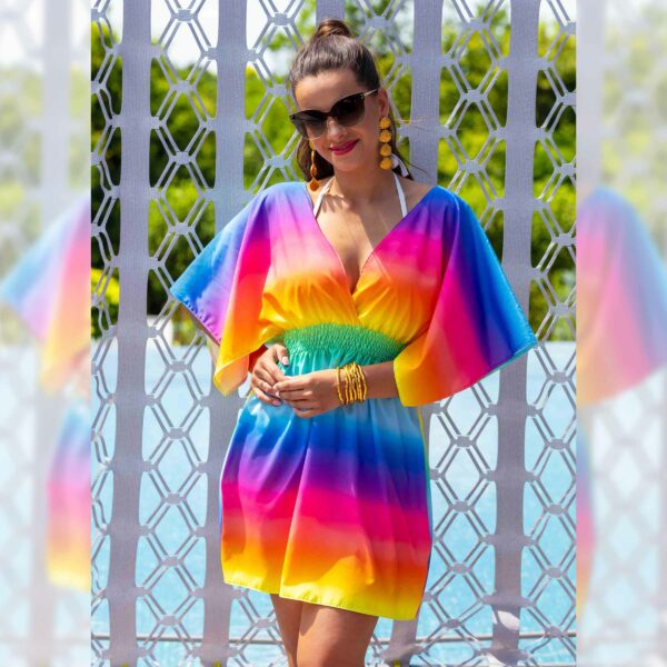 Luna C8 Colorful short beach dress for large breasts, for a large belly, slimming. Airy rainbow shaded cover-up for a swimsuit, Polish manufacturer LAVEL 2024 (2)