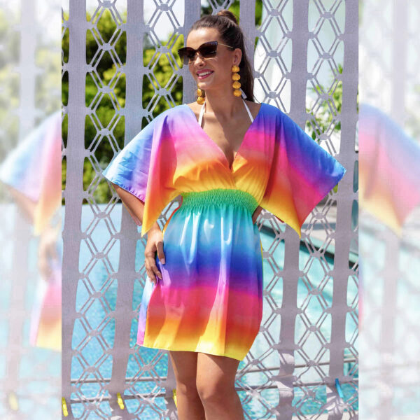 Luna C8 Colorful short beach dress for large breasts, for a large belly, slimming. Airy rainbow shaded cover-up for a swimsuit, Polish manufacturer LAVEL 2024 (5)