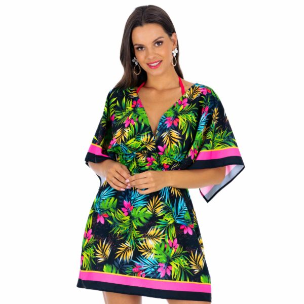 Luna N20 Short beach cover-up with flowers, slimming beach dress for large breasts, large belly, with wide sleeves, airy lavel cover, Polish manufacturer LAVEL 2024 (1)