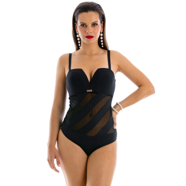 prof Milena 3 negro black One-piece shaping push up swimsuit for small breasts, slimming with mesh, feminine black Polish manufacturer LAVEL 2024