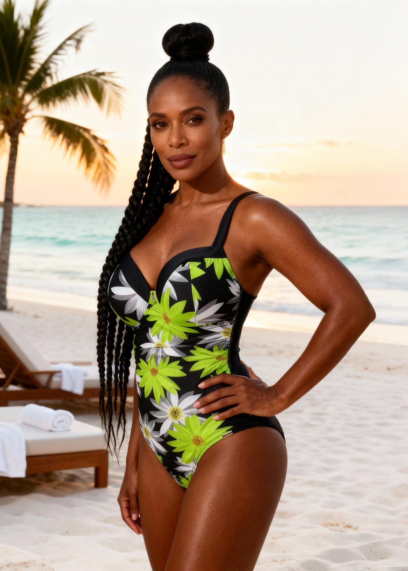 swimsuit a close up plan 0 of the model s torso and hips slightly wet from the ocean with fine grains of white sand clinging to the floral swimsuit