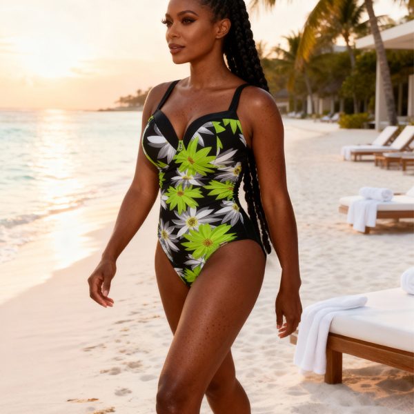 swimsuit a dynamic shot of the model confidently striding along the beach with the gentle morning breeze slightly moving her hair