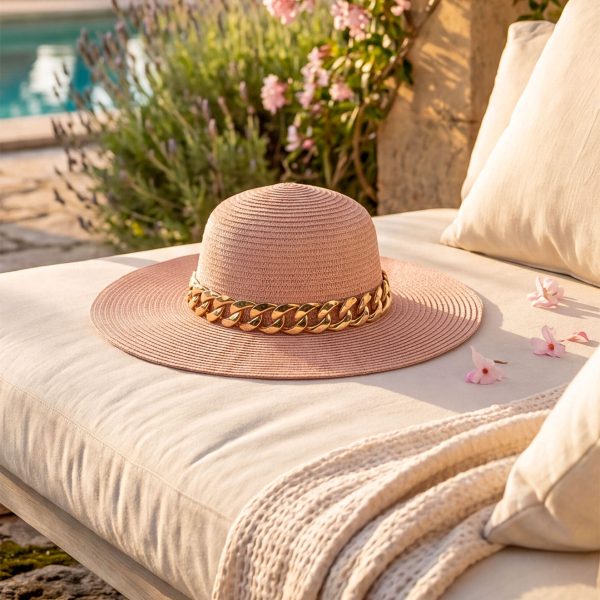 Luksusowy damski kapelusz przeciwsłoneczny w stylu glamour Plażowy kapelusz słomkowy LK 001 Pale Pink (1)