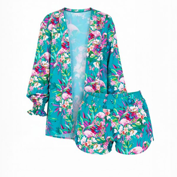 Paola Komplet N23 Komplet plazowy komplet damski z szortami ze spodenkami narzutka plazowa letni komplet nad wode bialy w kwiaty narzutka na stroj kapielowy (1)