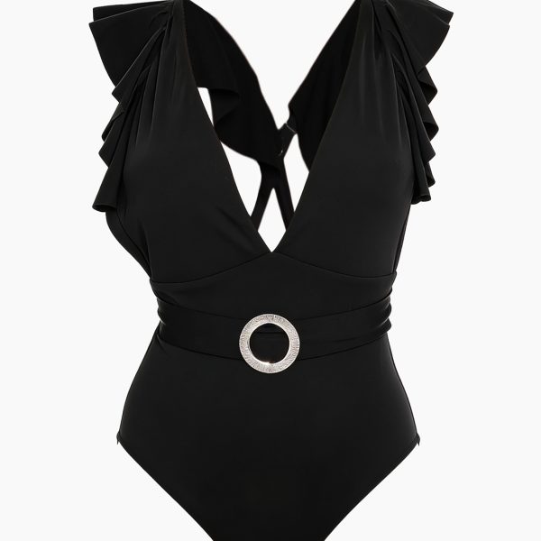 Vera czarny kostium kąpielowy jednoczęściowy z ozdobnym pasem i głębokim dekoltem luksusowe stroje kapielowe (1)