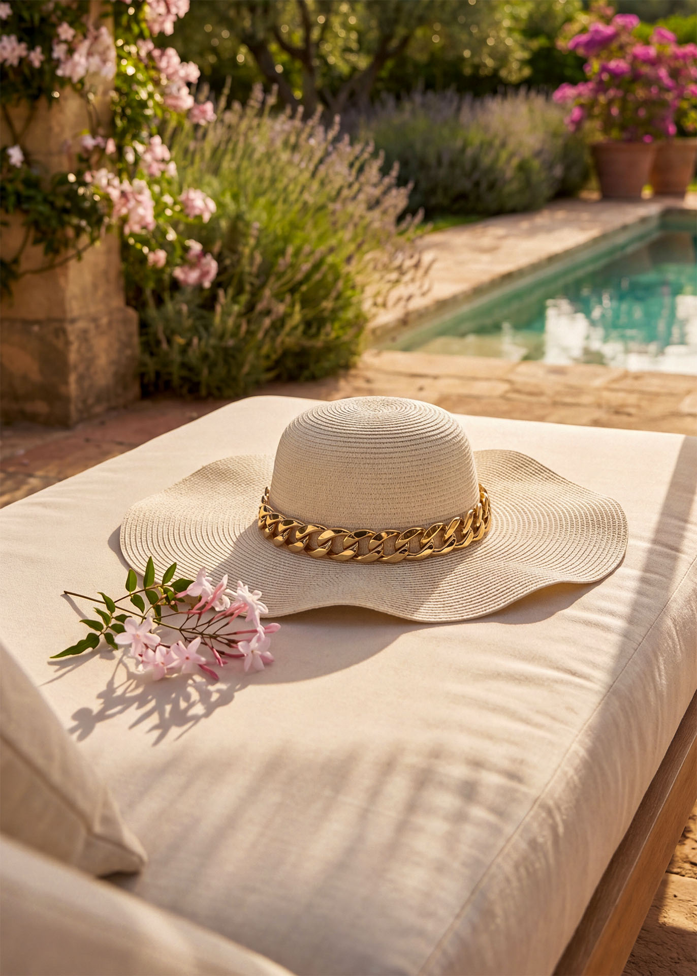 kapelusz biel a premium hero shot of the white soft brim hat resting centrally on a plush creamy white daybed